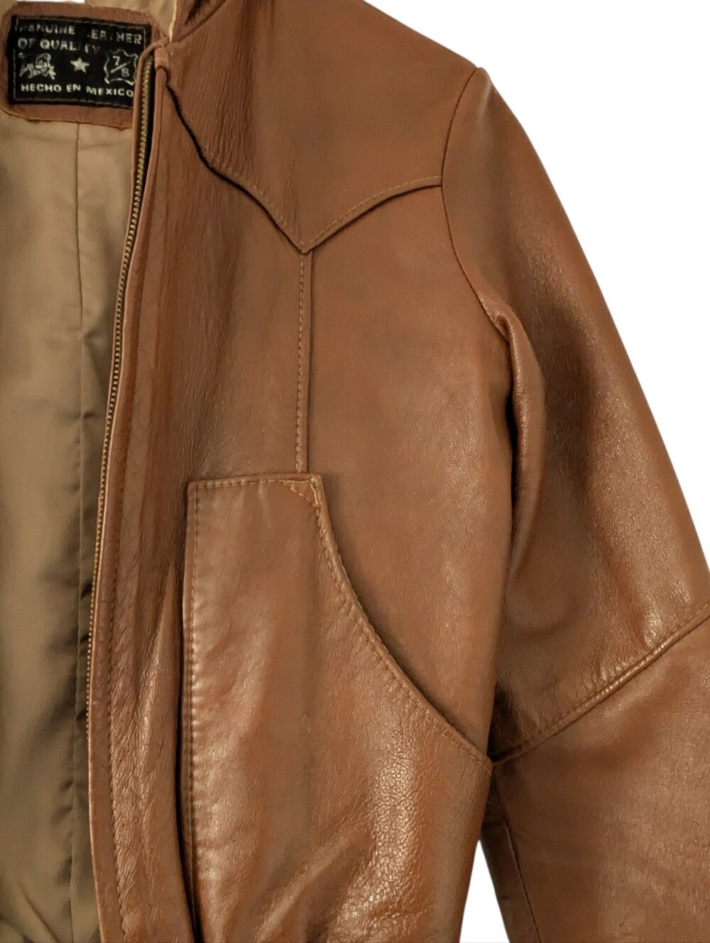Vintage 70s Mexican Leather Hooded Bomber Jacket Size 7/8 Jrs/Womens XXS/Kids L - Picture 10 of 16
